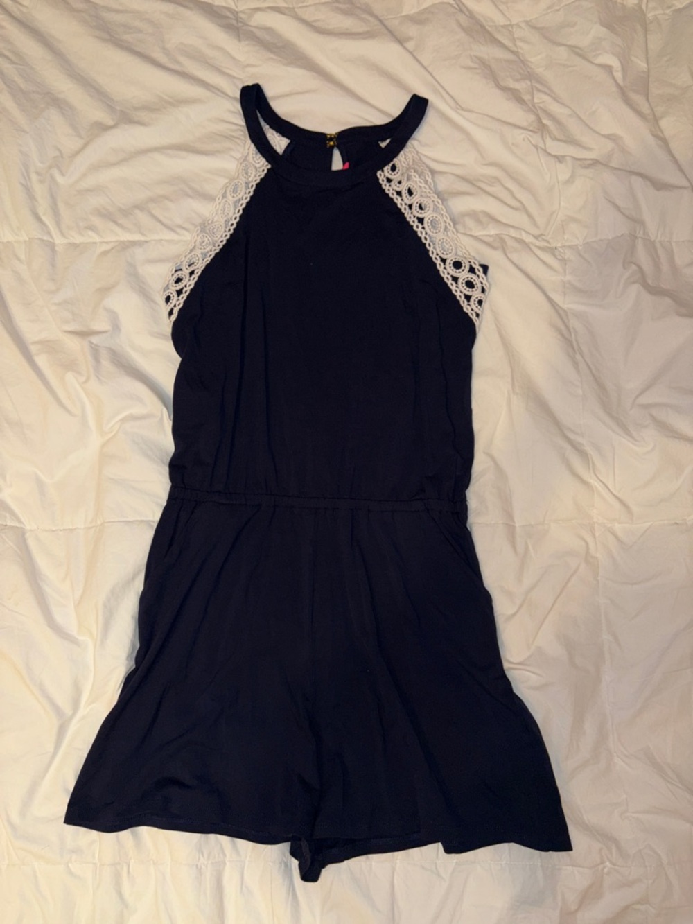 Lilly Pulitzer Navy Romper with White Lace Trim